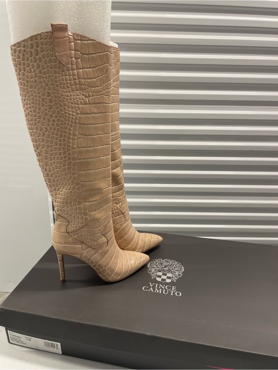 Vince Camuto Shoes - Vince Camuto Beige Croc-Embossed Over-the-Knee Pointed-Toe Stiletto Boots
